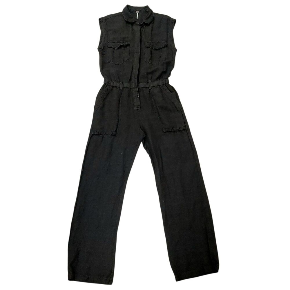 YFB Young Fabulous Broke Jumpsuit Womens XS Black Linen Blend Utility Boho
